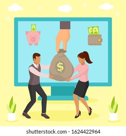 Financial profit, incoming money from computer online concept vector illustration. Big hand gives bag of money dollars to people. Internet business income, earnings, win. Piggy bank, wallet.