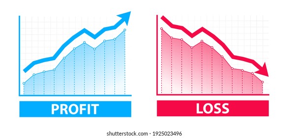 Financial profit and loss graph charts. Blue arrow up and red down arrow. Profit and loss trading of trader. Financial crisis, profit decrease. Graph finance concept with up down arrow symbol svg
