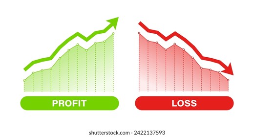 Financial profit and loss graph charts. Green arrow up and red down arrow. Profit and loss trading of trader. Financial crisis, profit decrease. Graph finance concept with up down arrow symbol