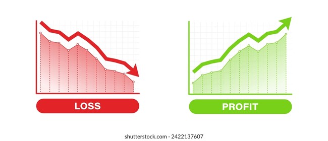 Gráficos de pérdidas y ganancias financieras. Flecha verde hacia arriba y flecha hacia abajo roja. Negociación de beneficios y pérdidas del comerciante. Crisis financiera, disminución de las ganancias. Concepto de financiación gráfico con símbolo de flecha hacia arriba