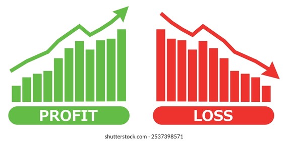 Gráficos de lucros e perdas financeiras. Seta verde para cima e seta vermelha para baixo. Crise financeira, diminuição e aumento dos lucros. Conceito de financiamento de gráfico com símbolo de seta para cima e para baixo.