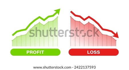 Financial profit and loss graph charts. Green arrow up and red down arrow. Profit and loss trading of trader. Financial crisis, profit decrease. Graph finance concept with up down arrow symbol