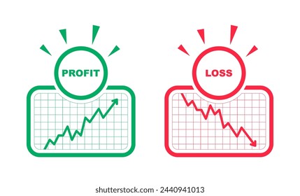 Financial profit and loss. Graph of growth and fall profit with with arrow up and down. Chart finance with increase and decrease. Vector illustration.