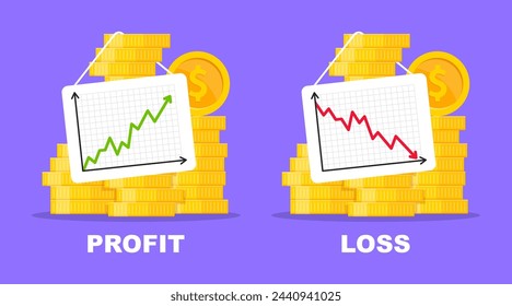 Financial profit and loss. Graph of growth and fall profit with with arrow up and down. Chart finance with increase and decrease. Vector illustration.