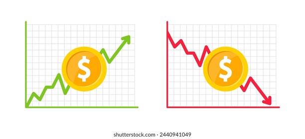 Financial profit and loss. Graph of growth and fall profit with with arrow up and down. Chart finance with increase and decrease. Vector illustration.