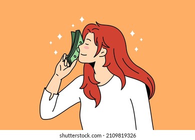 Financial Profit And Salary Concept. Young Smiling Woman Standing Touching Face With Heap Of Green Cash Money Feeling Enjoyment Vector Illustration 