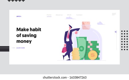 Financial Profit Salary Wealth Website Landing Page. Successful Business Man Stand at Huge Glass Jar with Stack of Gold Coins and Money Bills Inside Web Page Banner. Cartoon Flat Vector Illustration