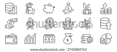 Financial profit set of web icons in line style. Money income linear icon collection. Containing money savings, finance, growth, investment, payment, earnings, management and more. Editable stroke