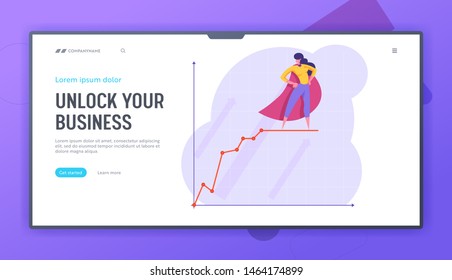 Financial Profit Statistic Diagram Website Landing Page, Confident Business Woman in Red Super Hero Cloak Stand on Top of Growing Chart. Leader Web Page. Cartoon Flat Vector Illustration, Banner
