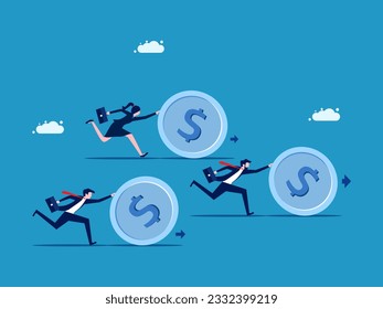 Financial progress. Businessmen working together to push the coin forward