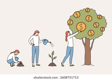 Financial progress is demonstrated by woman planting coin in ground and seeing tree grow. Financial progress and economic evolution through investment or use of bank deposits with high interest rates
