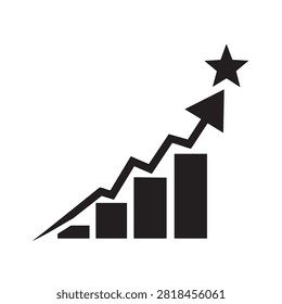 Financial progress graph with rising bars and upward arrow. Business success symbol showing positive growth towards star icon. Graphic illustration for performance analysis achievement development strategy and financial goals accomplishment in professional corporate reporting or presentations.