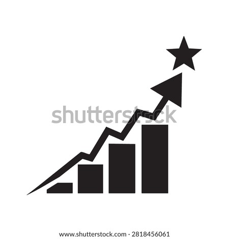 Financial progress graph with rising bars and upward arrow. Business success symbol showing positive growth towards star icon. Graphic illustration for performance analysis achievement development strategy and financial goals accomplishment in professional corporate reporting or presentations.