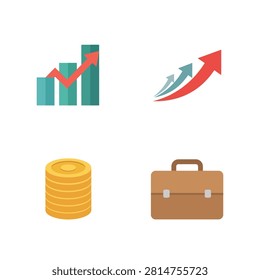 Financial progress and investment featuring a rising bar chart, multiple upward trend arrows, a stack of gold coins, and a brown briefcase