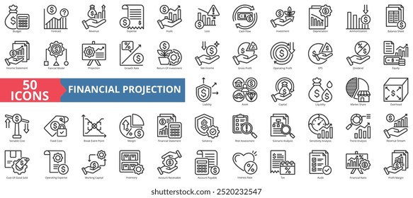 Conjunto de coleções de ícones de projeção financeira. Contendo o ícone de orçamento, previsão, receita, despesa, lucro, perda, fluxo de caixa, investimento e depreciação. Ilustração de vetor de linha simples.