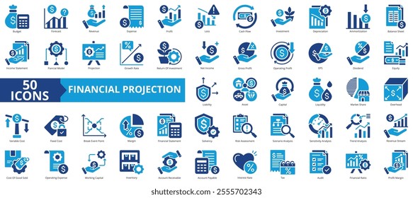 Financial projection icon collection set. Containing budget, forecast, revenue, expense, profit, loss, cashflow, investment, depreciation icon. Simple flat vector illustration.