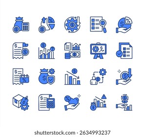 Financial projection icon collection set. Containing budget, forecast, revenue, expense, profit, loss, cashflow, investment, depreciation icon. Simplel line vector illustration