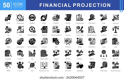 Ícone de Projeção Financeira definido com ícones para orçamento, análise de lucros, previsão financeira e crescimento econômico. Ideal para planejamento de negócios, contabilidade e estratégias de investimento.