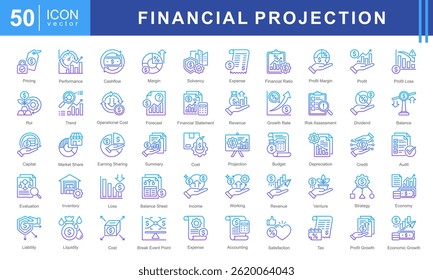 Ícone de Projeção Financeira definido com ícones para orçamento, análise de lucros, previsão financeira e crescimento econômico. Ideal para planejamento de negócios, contabilidade e estratégias de investimento.