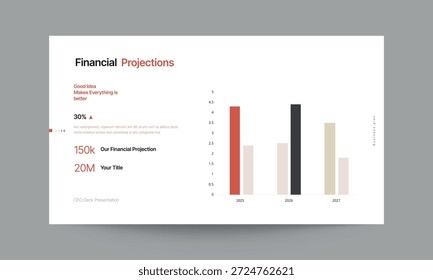 Plantilla de presentación de diapositivas de proyecciones financieras con un diseño limpio y profesional. Ideal para presentar previsiones de ingresos, planificación financiera, proyecciones presupuestarias, estimaciones de crecimiento, análisis de flujo de caja y rendimiento financiero futuro en presentaciones corporativas, de inicio e inversores.
