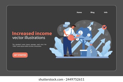 Financial prosperity theme with professional nurturing income growth, emphasizing salary boost and fiscal success. Monetary gain visualized. Flat vector illustration.