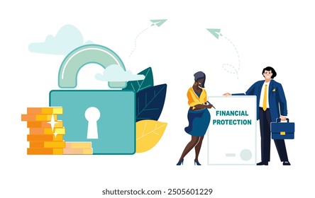 Financial protection, bank. European businessman and African American woman sign contract for protection of financial development, gold coins, profit, banner. Business people. Vector illustration