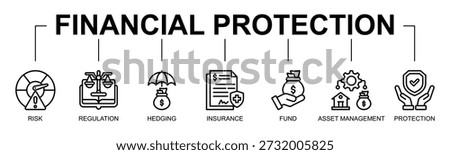 Financial Protection Banner Web Icon Vector Line Style Illustration Concept With Icon Of risk, regulation, hedging, insurance, fund, asset management, protection
