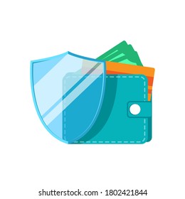concepto de protección financiera diseño plano ilustración vectorial con blindaje, cartera y su contenido. estilo sencillo de logotipo, emblema, símbolo, signo, icono