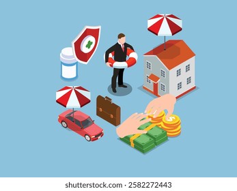 Financial Protection for Health, Home, Car, and Business 3d isometric vector illustration