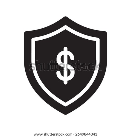 Financial protection icon with a shield and dollar symbol representing secure investment payment insurance and money safety for wealth security vector solid glyph icon