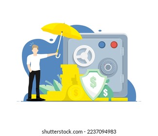 Financial protection security concept, Human hold umbrella with safety box, Digital marketing illustration.