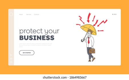 Financial Protection, Security, Insurance Landing Page Template. Businessman Character Stand under Umbrella Protecting of Lightnings. Business Man Protect of Crisis, Safety. Linear Vector Illustration