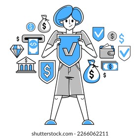 Esbozo de la protección financiera y el vector de seguridad, el trabajador bancario está haciendo su trabajo en seguridad financiera, seguros y riesgos, protección garantizada.