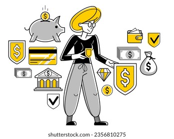 Esbozo de la protección financiera y de los vectores de seguridad, la mujer trabajadora de un banco está haciendo su trabajo en seguridad financiera, seguros y riesgos, protección garantizada.