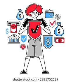 Financial protection and security vector outline illustration, bank worker is doing his job on financial safety, insurance and risk, secured shield.