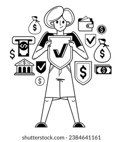 Esbozo de la protección financiera y el vector de seguridad, el trabajador bancario está haciendo su trabajo en seguridad financiera, seguros y riesgos, protección garantizada.