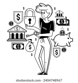 Financial protection and security vector outline illustration, bank worker is doing his job on financial safety, insurance and risk, secured shield.