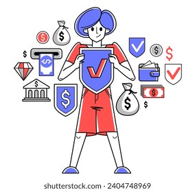 Financial protection and security vector outline illustration, bank worker is doing his job on financial safety, insurance and risk, secured shield.