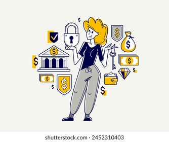 La protección financiera y el esquema de Vector de seguridad ilustran, la mujer trabajadora bancaria está haciendo su trabajo en seguridad financiera, seguro y riesgo, escudo asegurado.