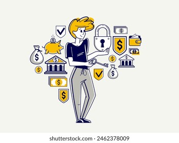 Financial protection and security vector outline illustration, bank worker is doing his job on financial safety, insurance and risk, secured shield.