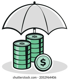 Financial protection, tower of coins under an umbrella 