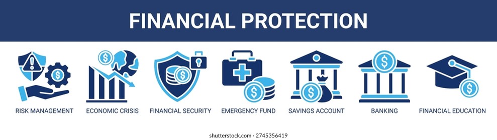 Financial Protection web banner icon vector illustration concept with icons of risk management, economic crisis, financial security, emergency fund, savings account, banking, and financial education.