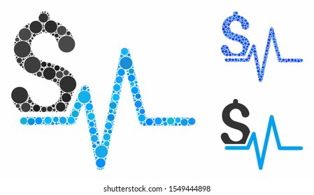 Financial pulse composition of small circles in different sizes and color tints, based on financial pulse icon. Vector random circles are organized into blue mosaic.