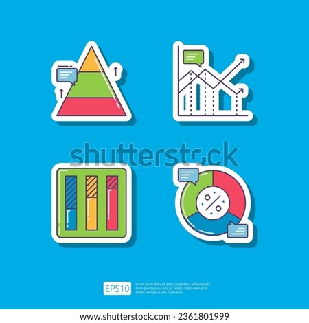 Financial Pyramid, Increase Growth Chart, Statistic Bar Diagram, Pie Graph. Business Finance Chart and Graph Infographic Sticker Vector Illustration Icon Set