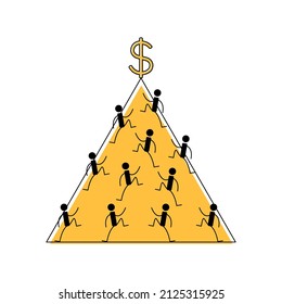 Financial pyramid. Ponzi scheme. People climb up the pyramid. Chasing money. Vector illustration.