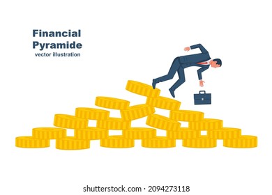 Financial Pyramide. Financial collapse. Man falls from the monetary mountain. Unstable economic situation. Vector illustration flat design. Isolated on white background.