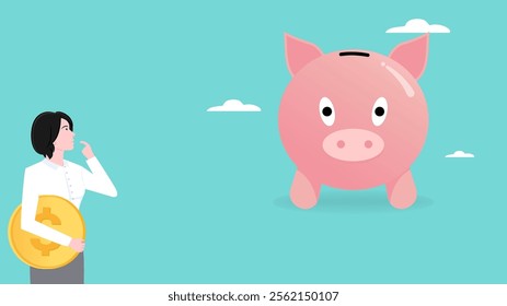 financial question, prepare for the future by saving money, wealth or investment, doubt or confusion, businesswoman with golden coins is confused choosing piggy bank