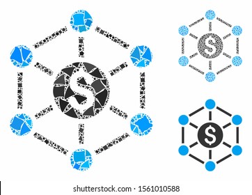 Financial radial scheme composition of uneven pieces in various sizes and color tinges, based on financial radial scheme icon. Vector rough pieces are combined into collage.