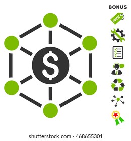Financial Radial Scheme icon with bonus pictograms. Vector illustration style is flat iconic bicolor symbols, eco green and gray colors, white background, rounded angles.
