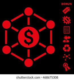Financial Radial Scheme icon with bonus pictograms. Vector illustration style is flat iconic symbols, red color, black background, rounded angles.